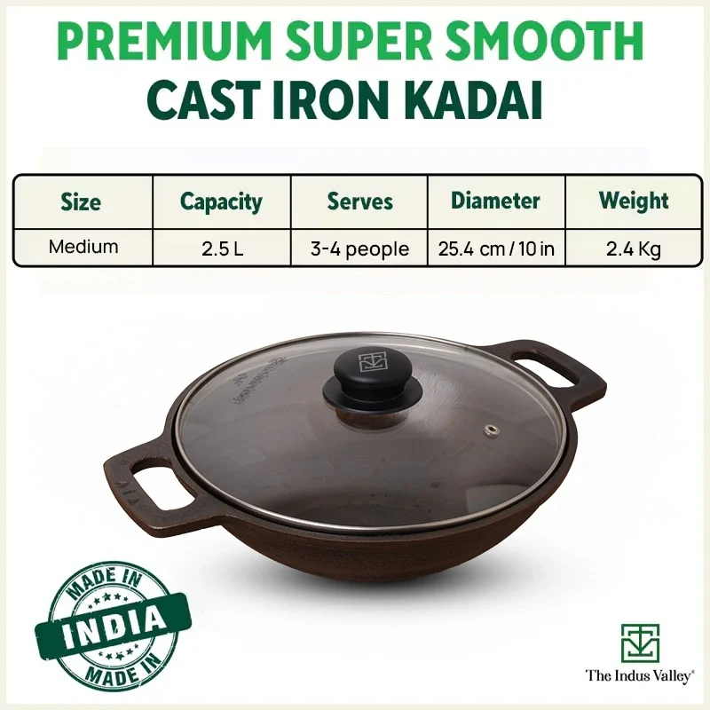 CASTrong Cast Iron Kadai (Wok) 2.5L+ Glass Lid, Pre-seasoned, Naturally Nonstick, 100% Pure,Toxin-free - Image 3