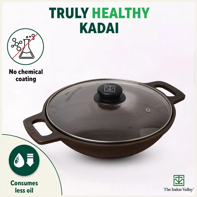 CASTrong Cast Iron Kadai (Wok) 2.5L+ Glass Lid, Pre-seasoned, Naturally Nonstick, 100% Pure,Toxin-free - Image 4