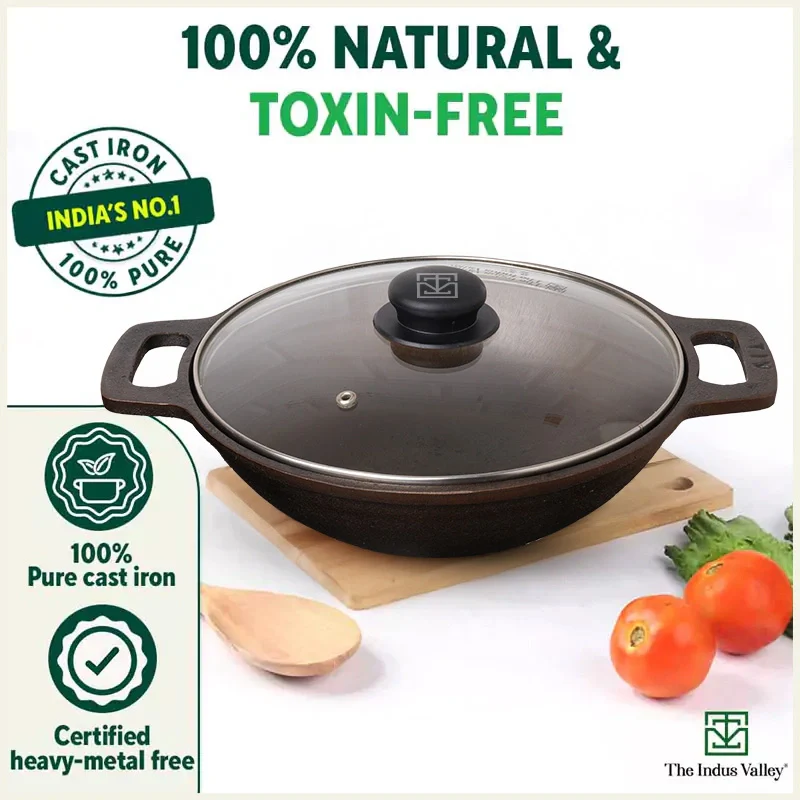 CASTrong Cast Iron Kadai (Wok) 2.5L+ Glass Lid, Pre-seasoned, Naturally Nonstick, 100% Pure,Toxin-free - Image 5