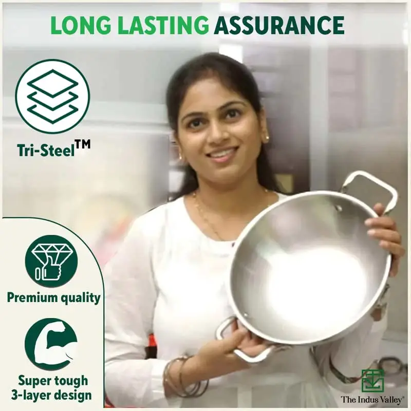 TurboCuk Tri-ply Stainless Steel Cookware Set: (23.4cm)Kadai+(21.6cm)Biryani Pot, Premium Quality, 3 Layer Thick Body, 100% Toxin-free, Non-stick, Induction & Gas, Free ₹600 Wooden Board - Image 10