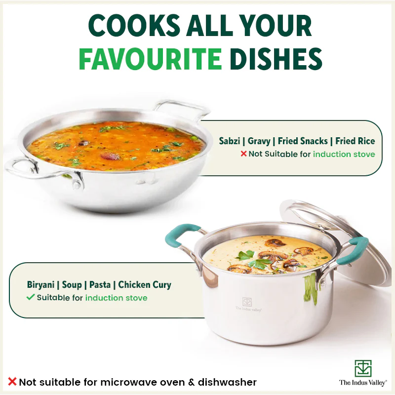 TurboCuk Tri-ply Stainless Steel Cookware Set: (23.4cm)Kadai+(21.6cm)Biryani Pot, Premium Quality, 3 Layer Thick Body, 100% Toxin-free, Non-stick, Induction & Gas, Free ₹600 Wooden Board - Image 11