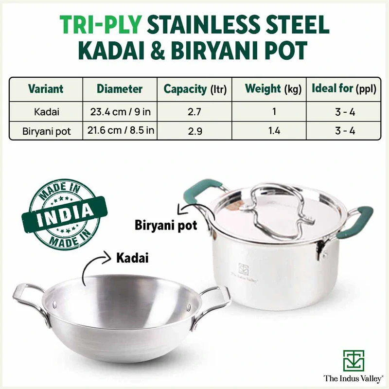 TurboCuk Tri-ply Stainless Steel Cookware Set: (23.4cm)Kadai+(21.6cm)Biryani Pot, Premium Quality, 3 Layer Thick Body, 100% Toxin-free, Non-stick, Induction & Gas, Free ₹600 Wooden Board - Image 3