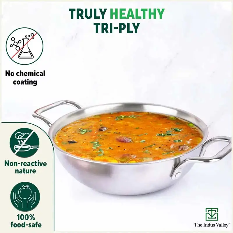TurboCuk Tri-ply Stainless Steel Cookware Set: (23.4cm)Kadai+(21.6cm)Biryani Pot, Premium Quality, 3 Layer Thick Body, 100% Toxin-free, Non-stick, Induction & Gas, Free ₹600 Wooden Board - Image 4