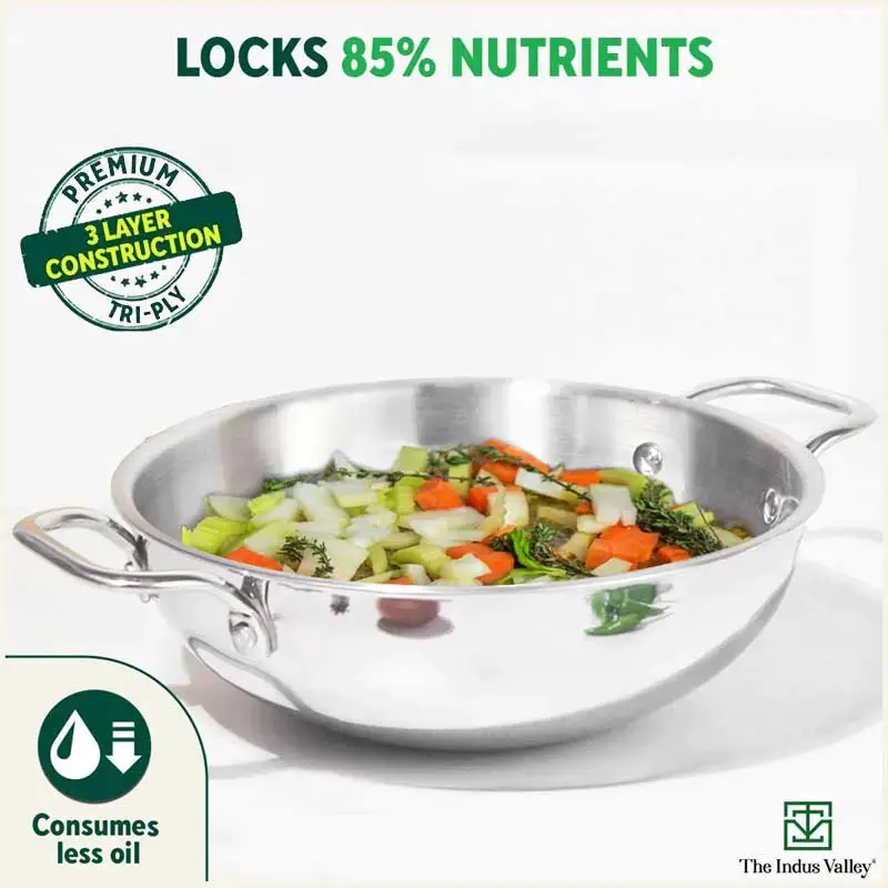TurboCuk Tri-ply Stainless Steel Cookware Set: (23.4cm)Kadai+(21.6cm)Biryani Pot, Premium Quality, 3 Layer Thick Body, 100% Toxin-free, Non-stick, Induction & Gas, Free ₹600 Wooden Board - Image 6