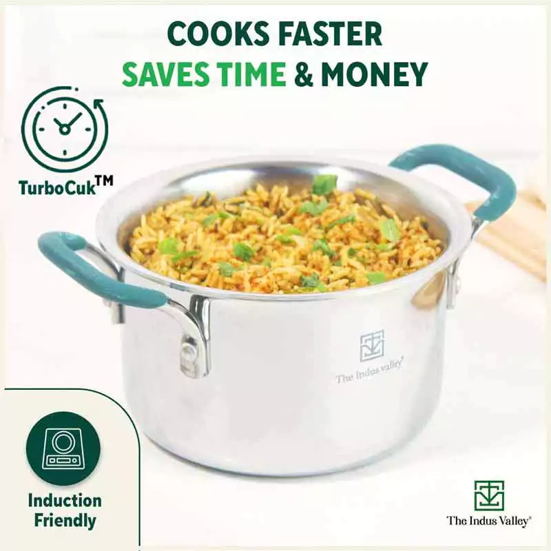 TurboCuk Tri-ply Stainless Steel Cookware Set: (23.4cm)Kadai+(21.6cm)Biryani Pot, Premium Quality, 3 Layer Thick Body, 100% Toxin-free, Non-stick, Induction & Gas, Free ₹600 Wooden Board - Image 7