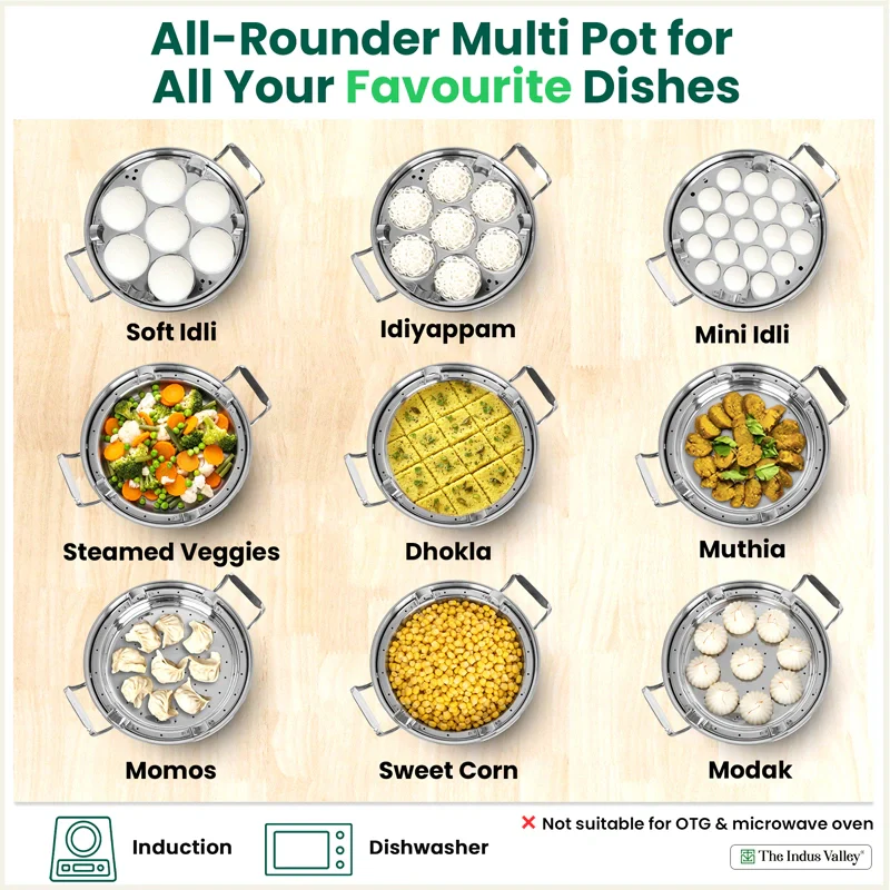 14 Pit Premium Tri-ply Stainless Steel multipot with 1 mini idli plate, Idli/ Momo Maker/ Veg Steaming Set, Tri-ply Induction and gas friendly, 6 Plates - Image 2