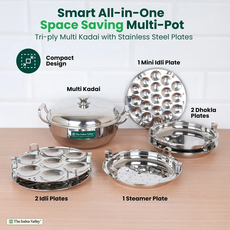14 Pit Premium Tri-ply Stainless Steel multipot with 1 mini idli plate, Idli/ Momo Maker/ Veg Steaming Set, Tri-ply Induction and gas friendly, 6 Plates - Image 9