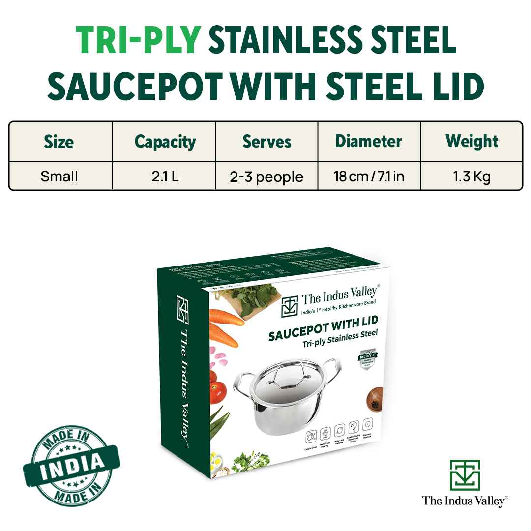 TurboCuk Tri-ply Stainless Steel Casserole/ Cooking Pot/ Sauce Pot+ Steel Lid 2.1L, Premium Quality, 3 Layer Thick Body, 100% Toxin-free, Non-stick, Induction & Gas - Image 3