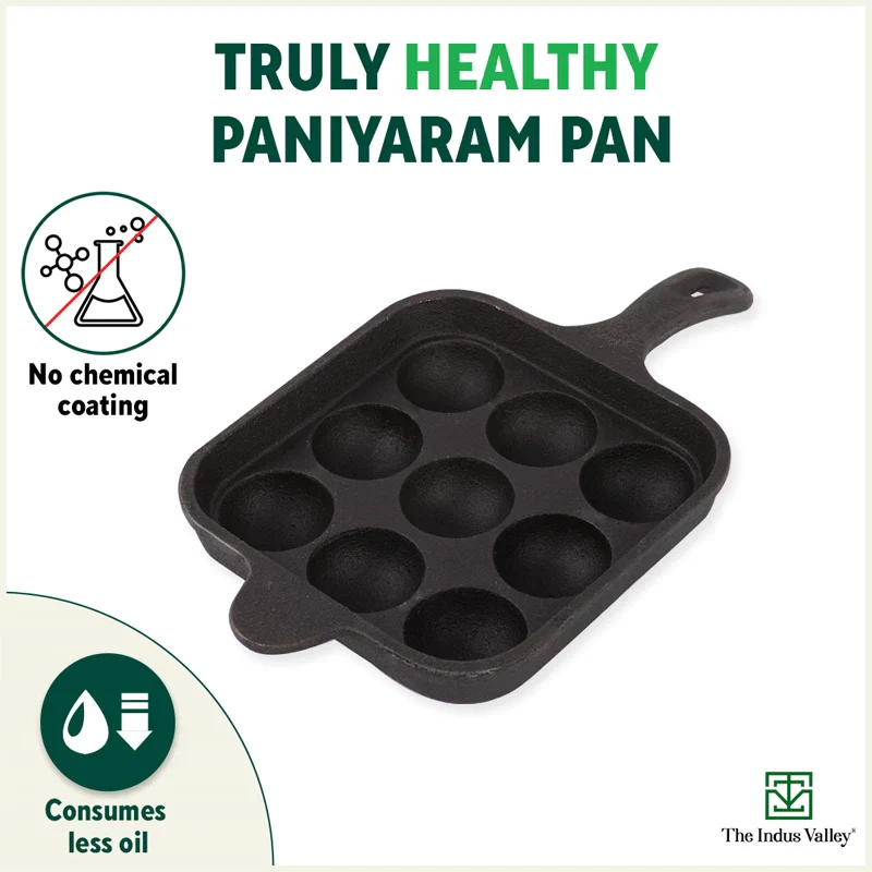 9 Pit/Cup CASTrong Cast Iron Paniyaram/Appe pan 18.5cm + Free Spatula, Square, Long handle, Pre-seasoned, Naturally Nonstick, 100% Pure, Toxin-free - Image 3