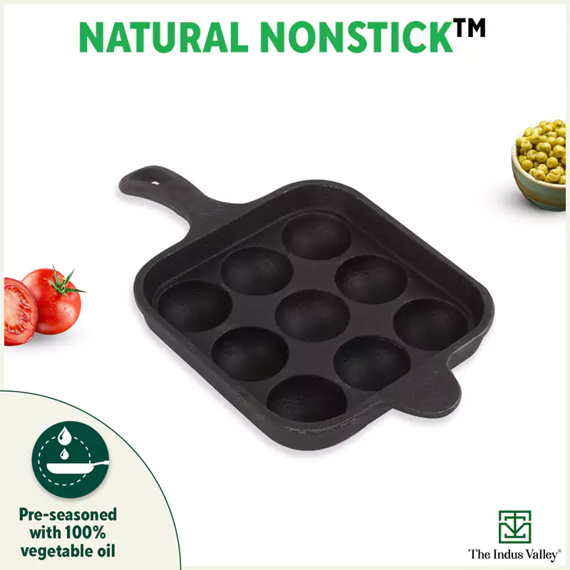 9 Pit/Cup CASTrong Cast Iron Paniyaram/Appe pan 18.5cm + Free Spatula, Square, Long handle, Pre-seasoned, Naturally Nonstick, 100% Pure, Toxin-free - Image 7