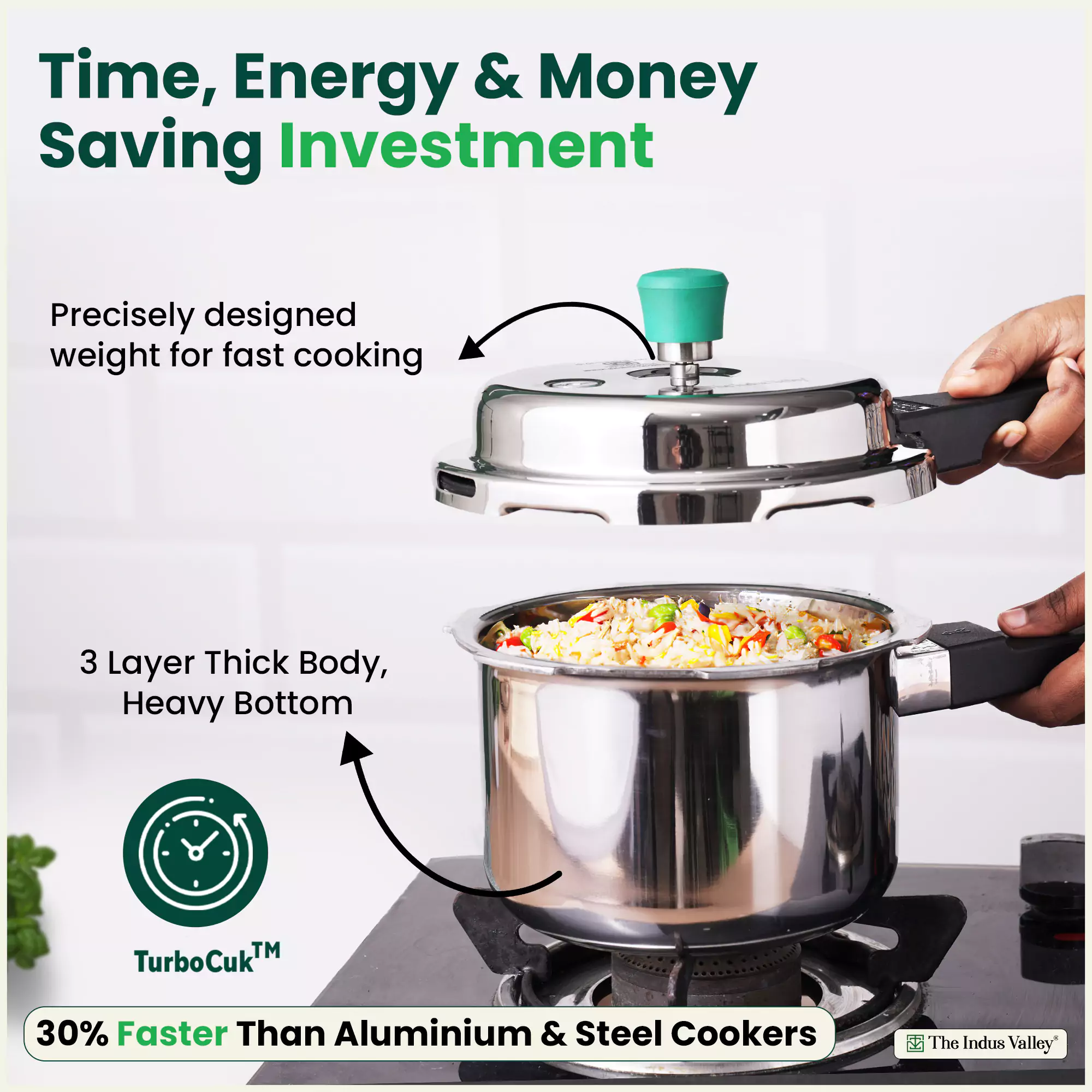 2L+3L RapidCuk Tri-ply Stainless Steel Pressure Cooker Combo+ Free ₹600 Wood Chopping Board, 5Yr Warranty, ISI Certified, Premium Quality, 3 Layer Thick Body, Induction & Gas - Image 6