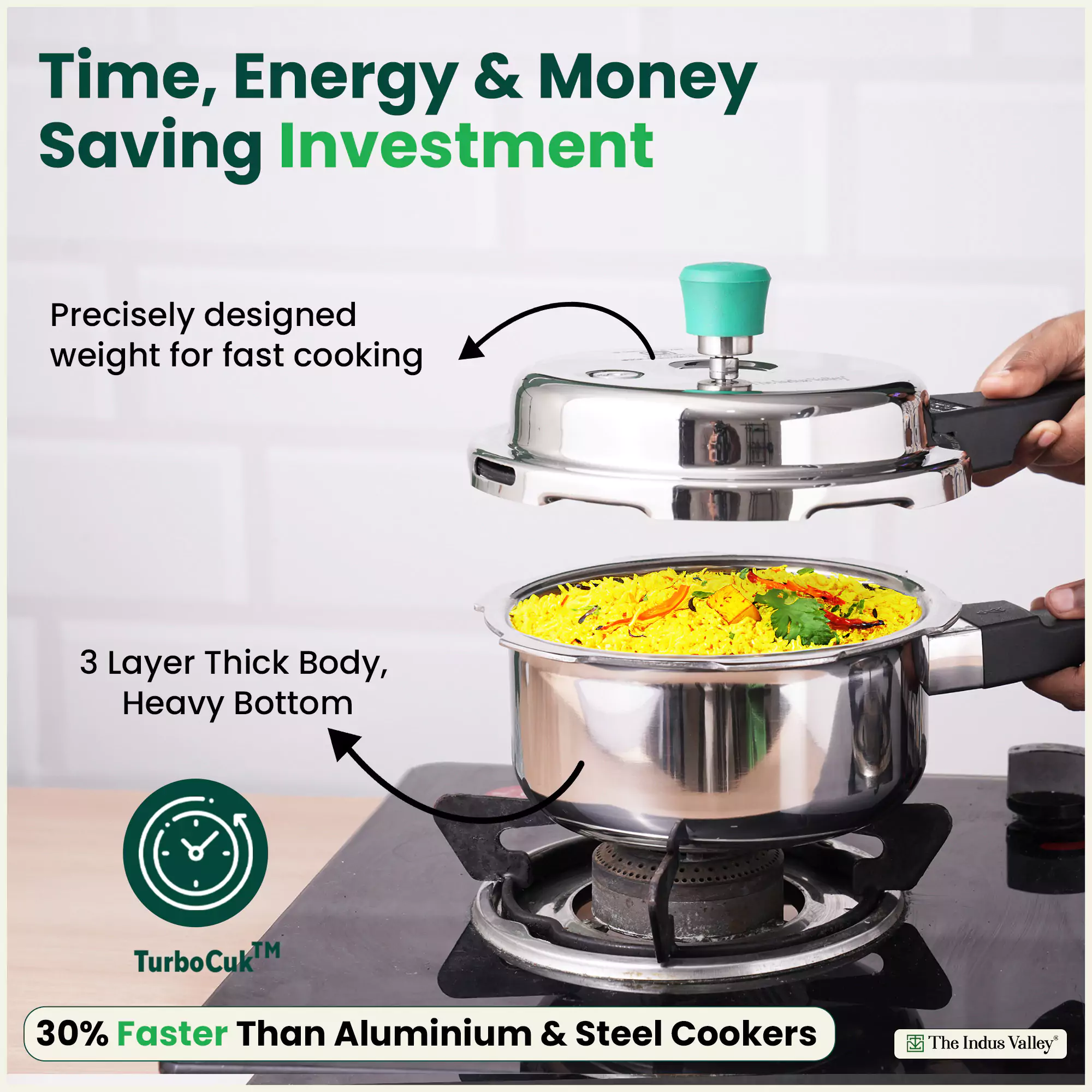2L+5L  RapidCuk Tri-ply Stainless Steel Pressure Cooker, Premium Quality, 3 Layer Heavy Bottom, 100% Safe, ISI Certified, 3 Yr Warranty, Induction & Gas - Image 6