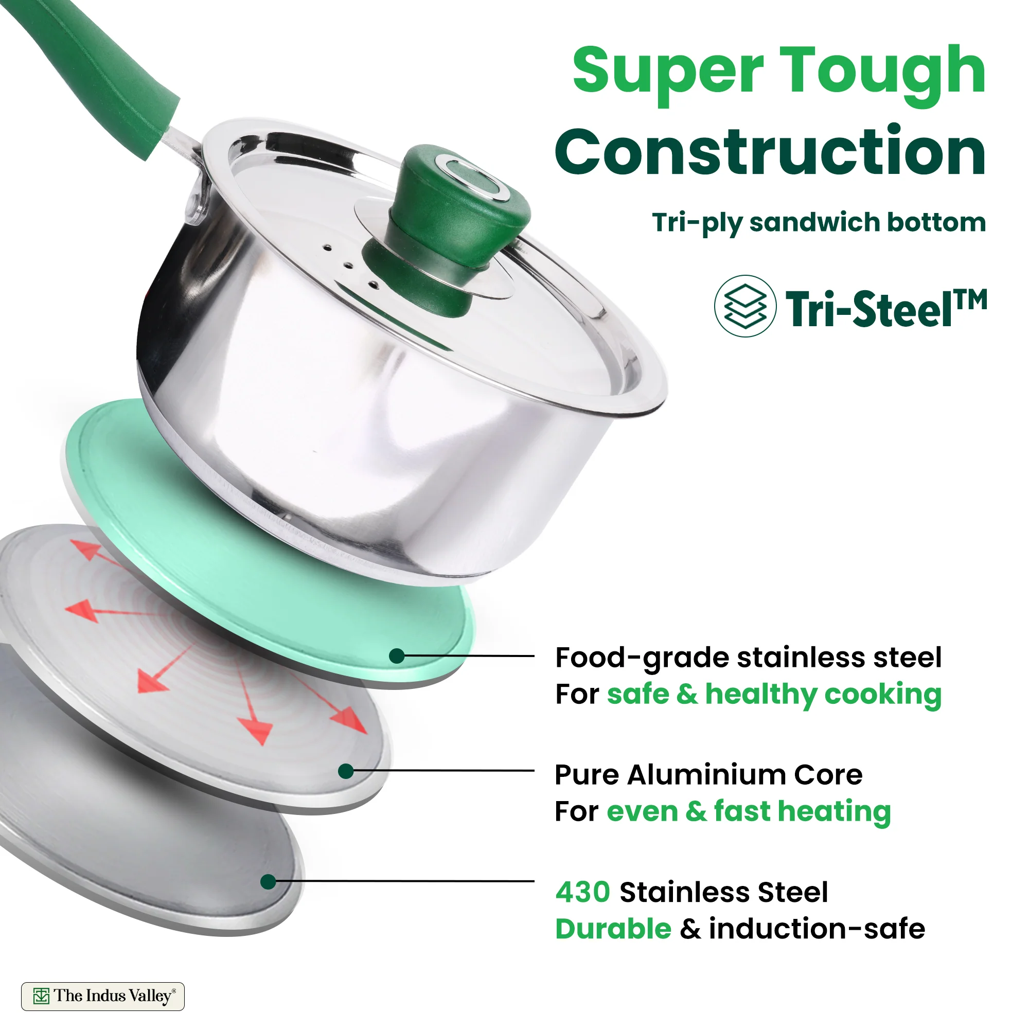 Tri-Steel Stainless  Steel Tea/Milk Pan+ Lid 1/1.4 L, Premium Quality, Tri-ply (3 Layer) Bottom, Soft-touch Handle, 100% Toxin-free, Non-stick, Induction & Gas - Image 5