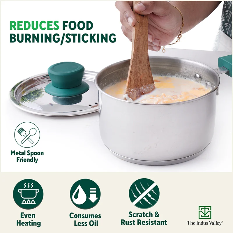 Tri-Steel Stainless  Steel Tea/Milk Pan+ Lid 1/1.4 L, Premium Quality, Tri-ply (3 Layer) Bottom, Soft-touch Handle, 100% Toxin-free, Non-stick, Induction & Gas - Image 7
