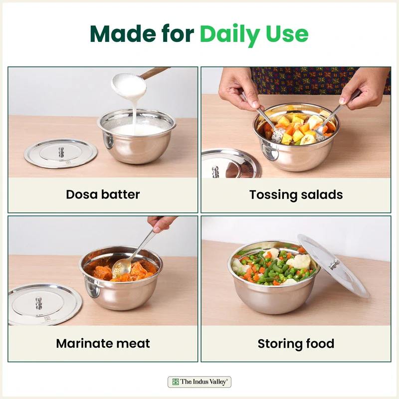 Toxin-free Premium Quality Tri-Steel Stainless Steel Mixing Bowl Set with Lids 0.7L/1.0L/1.3L - 3 Pieces, Food-Safety, Ideal for Mixing, Marinating & Storage - Image 6