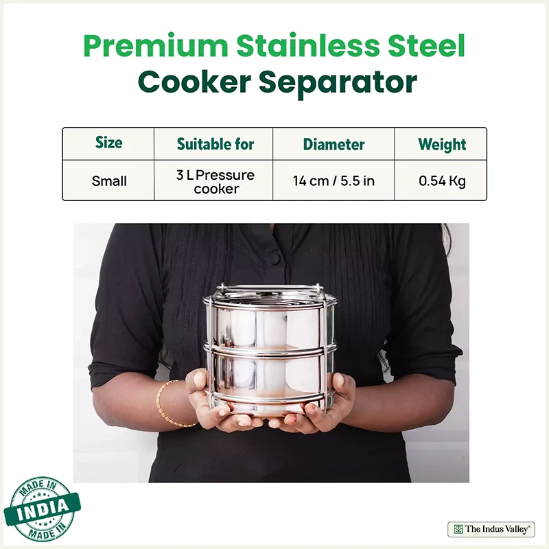 Stainless Steel Pressure Cooker Separator 2-tier Compatible with 3 Litres , Premium Quality, 100% Safe, 2 Containers With Lifter Stand, Stainless Steel - Image 2