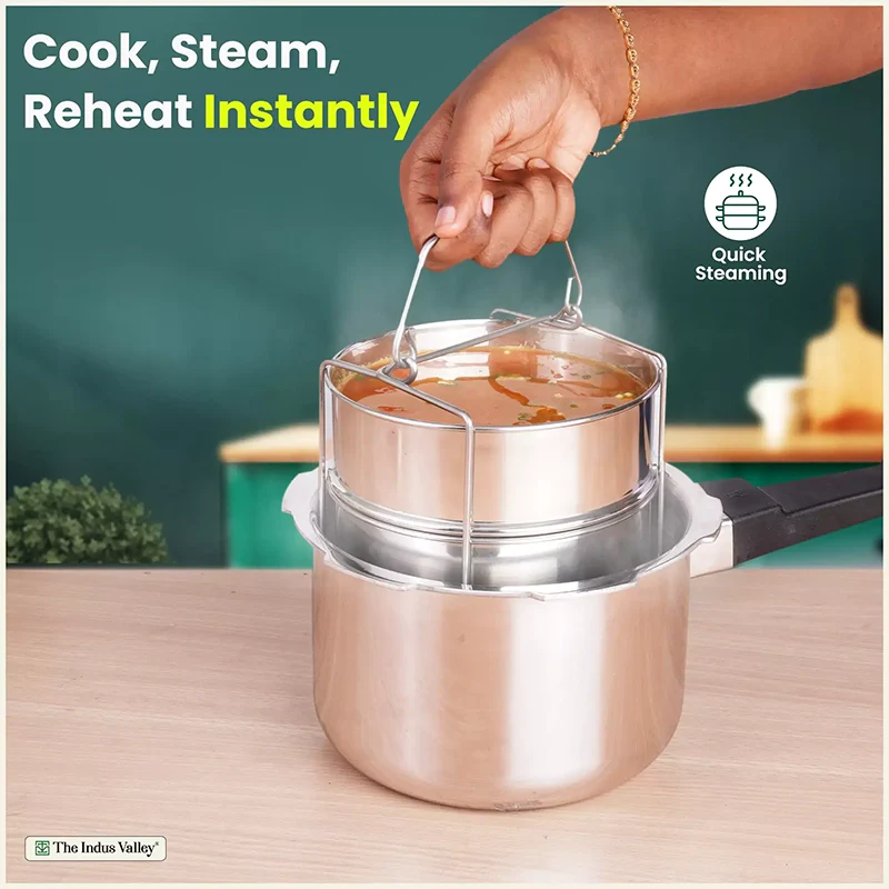 Stainless Steel Pressure Cooker Separator 2-tier Compatible with 3 Litres , Premium Quality, 100% Safe, 2 Containers With Lifter Stand, Stainless Steel - Image 3