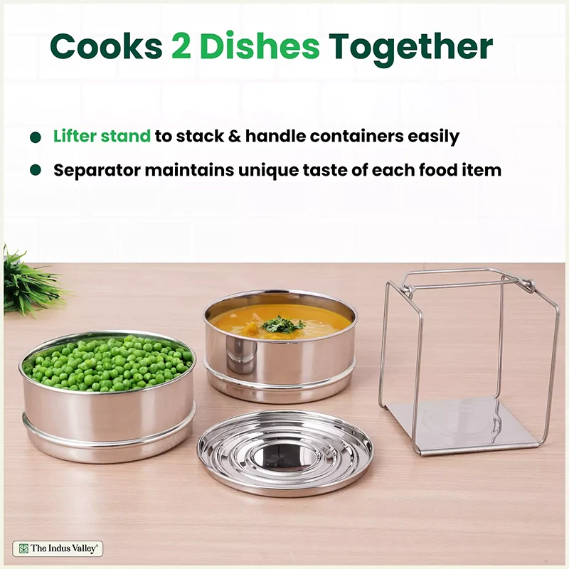 Stainless Steel Pressure Cooker Separator 2-tier Compatible with 3 Litres , Premium Quality, 100% Safe, 2 Containers With Lifter Stand, Stainless Steel - Image 5