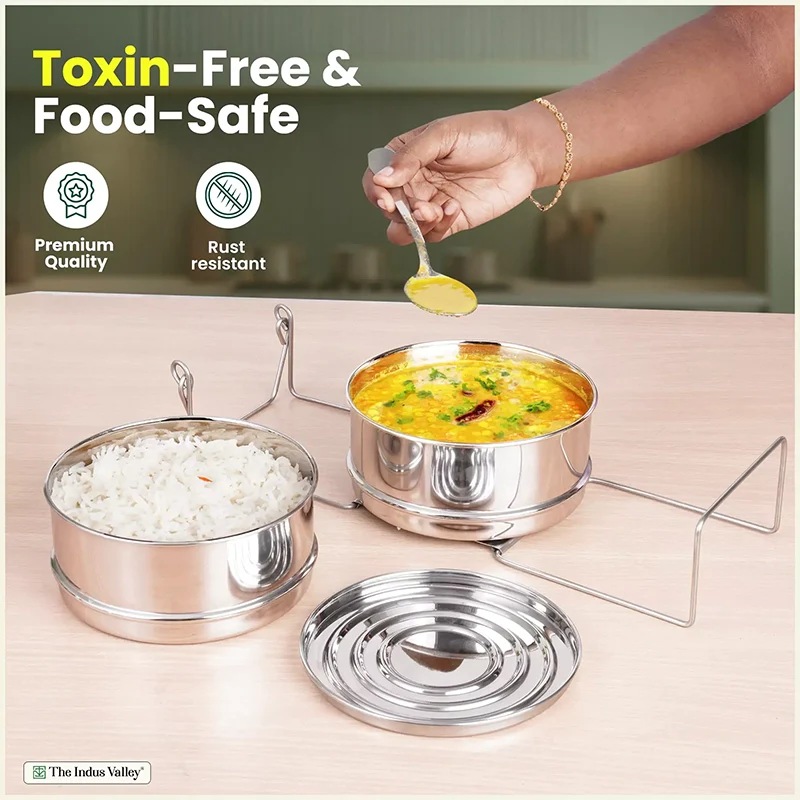 Stainless Steel Pressure Cooker Separator 2-tier Compatible with 3 Litres , Premium Quality, 100% Safe, 2 Containers With Lifter Stand, Stainless Steel - Image 6