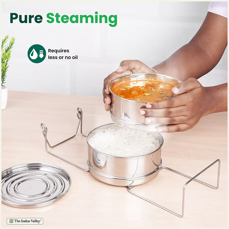 Stainless Steel Pressure Cooker Separator 2-tier Compatible with 3 Litres , Premium Quality, 100% Safe, 2 Containers With Lifter Stand, Stainless Steel - Image 7