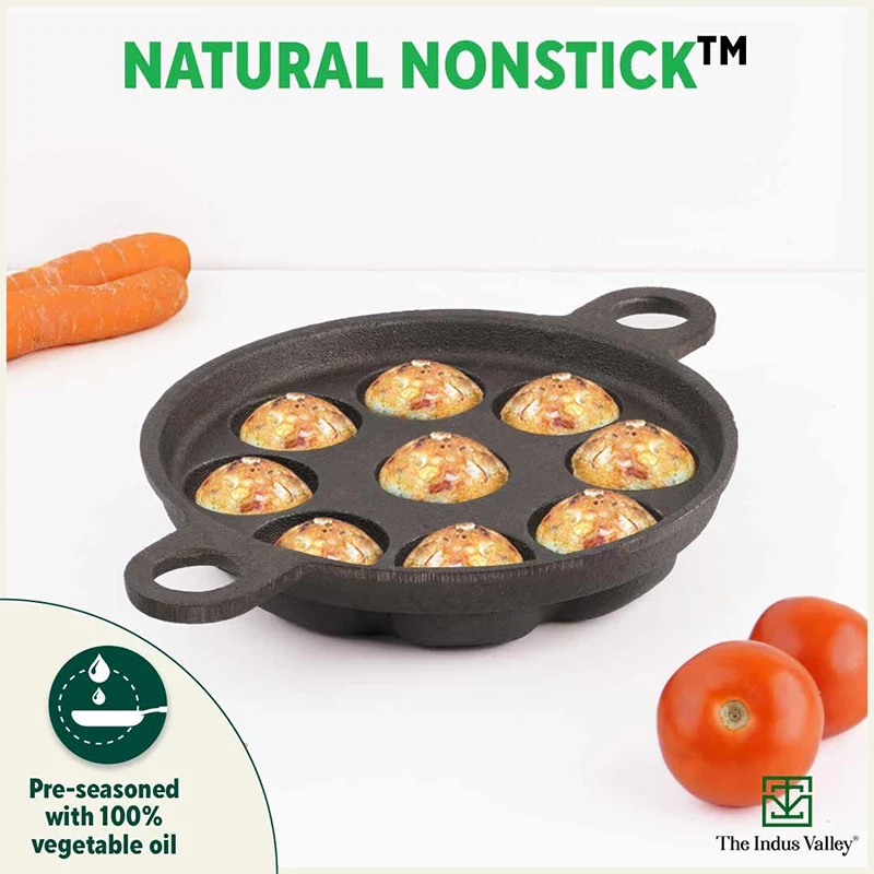 Super Smooth 20.7 cm 9 Pit/Cup Cast Iron Paniyaram/Appe Pan+ Free Spatula, Pre-seasoned, Natural Nonstick, 100% Pure, Toxin-free, 20.7 cm, 2.8kg - Image 5