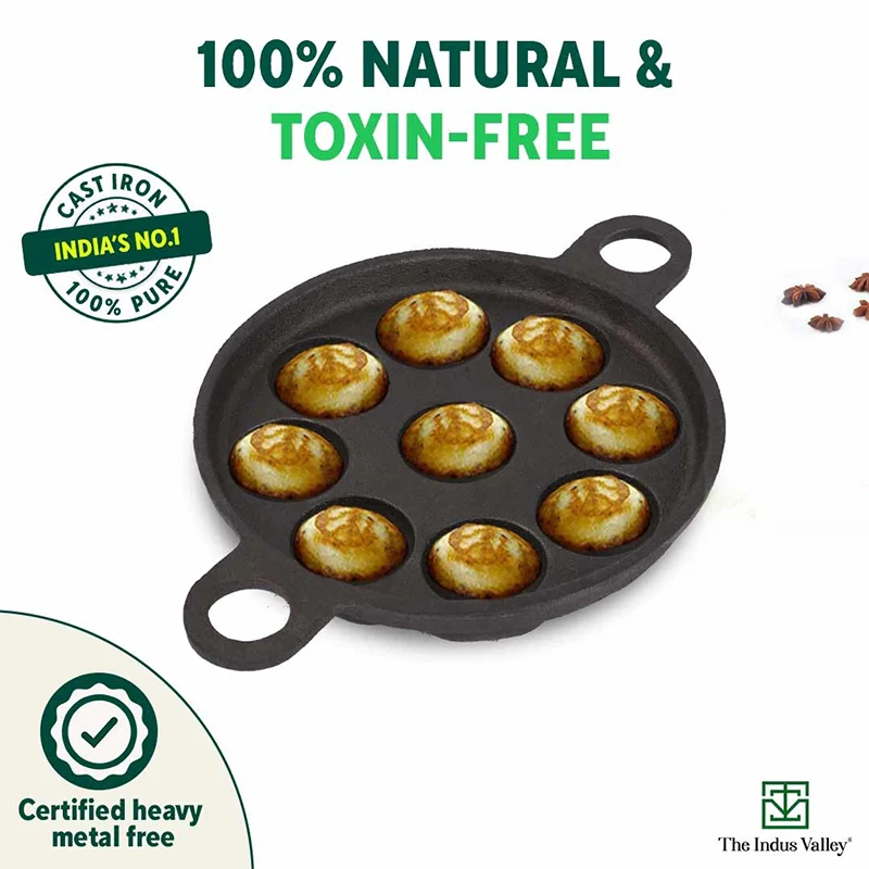 Super Smooth 20.7 cm 9 Pit/Cup Cast Iron Paniyaram/Appe Pan+ Free Spatula, Pre-seasoned, Natural Nonstick, 100% Pure, Toxin-free, 20.7 cm, 2.8kg - Image 6