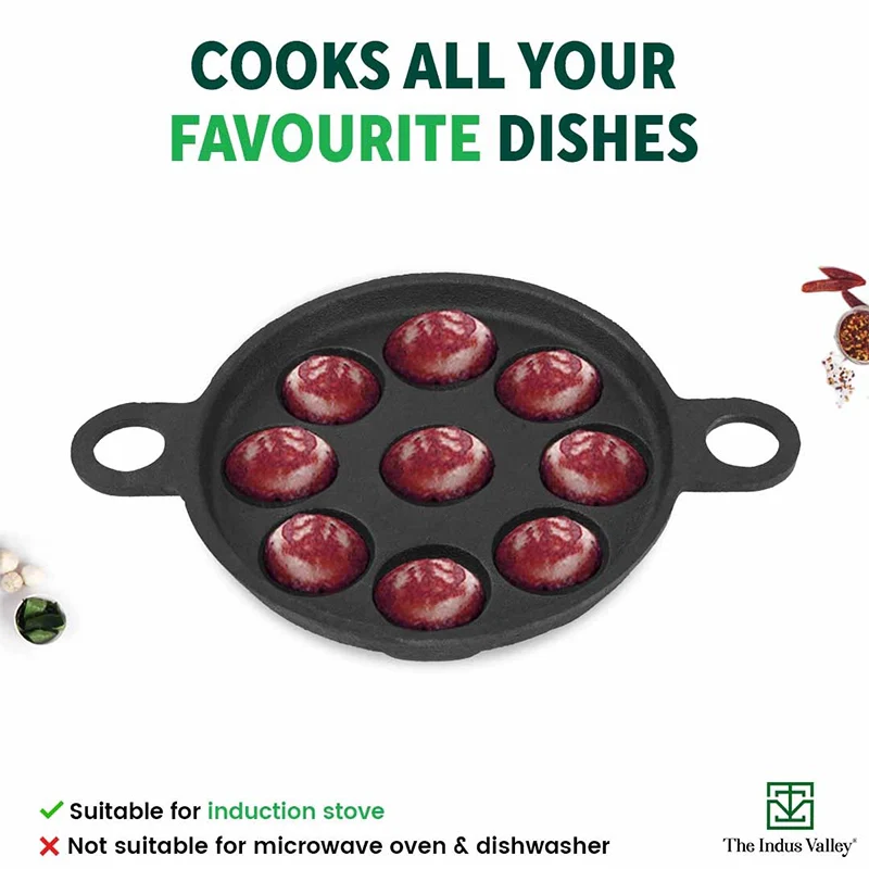 Super Smooth 20.7 cm 9 Pit/Cup Cast Iron Paniyaram/Appe Pan+ Free Spatula, Pre-seasoned, Natural Nonstick, 100% Pure, Toxin-free, 20.7 cm, 2.8kg - Image 9