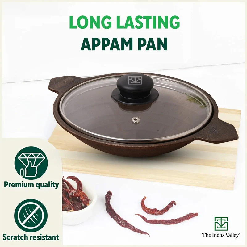 Super Smooth Cast Iron Appam Pan/Appachetty 22cm, Glass Lid,Pre-seasoned, Naturally Nonstick, 100% Pure, Toxin-free - Image 11