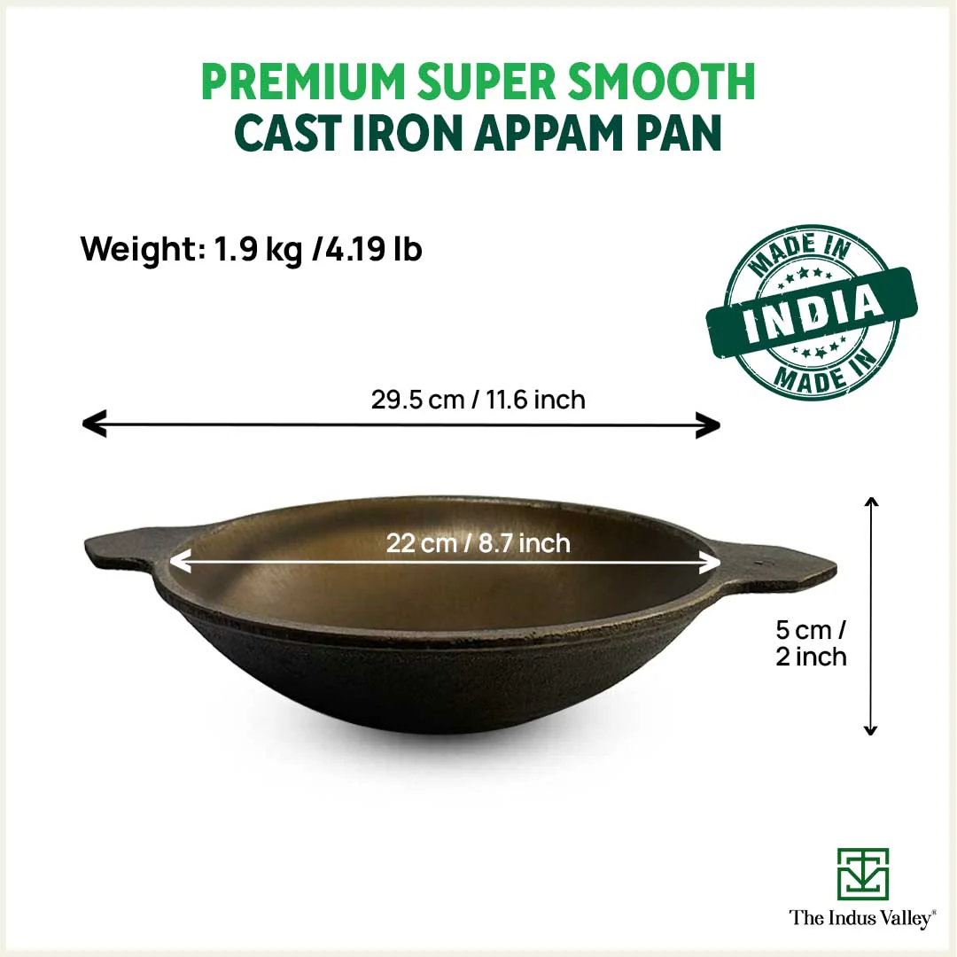 Super Smooth Cast Iron Appam Pan/Appachetty 22cm, Glass Lid,Pre-seasoned, Naturally Nonstick, 100% Pure, Toxin-free - Image 4
