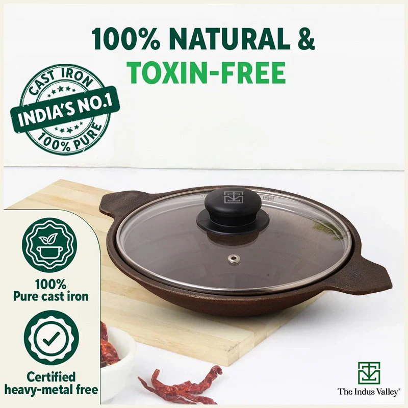 Super Smooth Cast Iron Appam Pan/Appachetty 22cm, Glass Lid,Pre-seasoned, Naturally Nonstick, 100% Pure, Toxin-free - Image 5