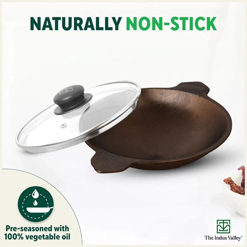 Super Smooth Cast Iron Appam Pan/Appachetty 22cm, Glass Lid,Pre-seasoned, Naturally Nonstick, 100% Pure, Toxin-free - Image 8