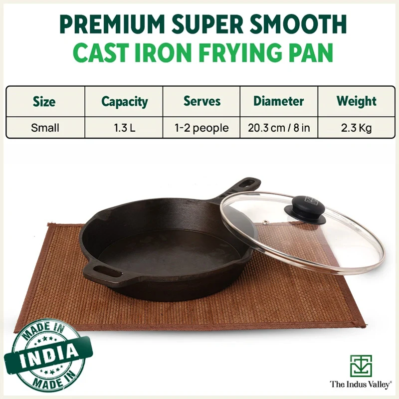 Super Smooth Cast Iron Fry Pan with Glass Lid 1.3/1.7L, 100% Pure, Toxin-free, Pre-seasoned, Induction, Naturally Nonstick - Image 3