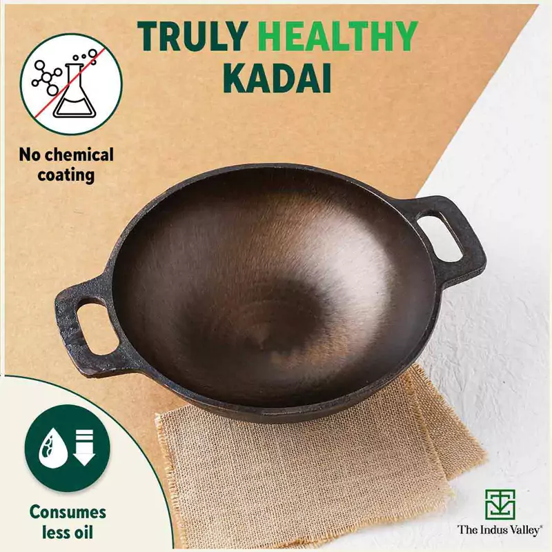 Super Smooth Cast Iron Kadai 2.5L, Pre-seasoned, Naturally Nonstick, 100% Pure, Toxin-free, Free  110 Spatula 25.4cm - Image 3