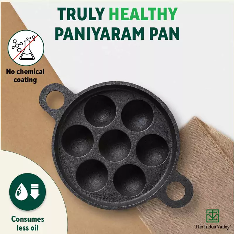 Super Smooth 7 Pit/Cup Cast Iron Paniyaram/Appe Pan 18.9cm+ Free Spatula, Pre-seasoned, Natural Nonstick, 100% Pure, Toxin-free - Image 3
