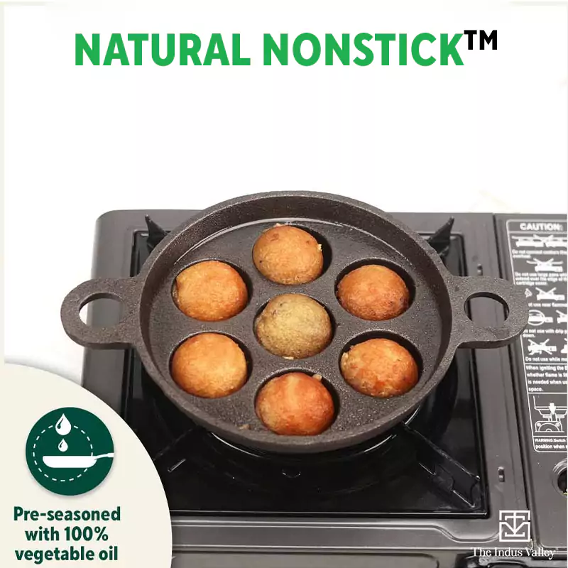 Super Smooth 7 Pit/Cup Cast Iron Paniyaram/Appe Pan 18.9cm+ Free Spatula, Pre-seasoned, Natural Nonstick, 100% Pure, Toxin-free - Image 7