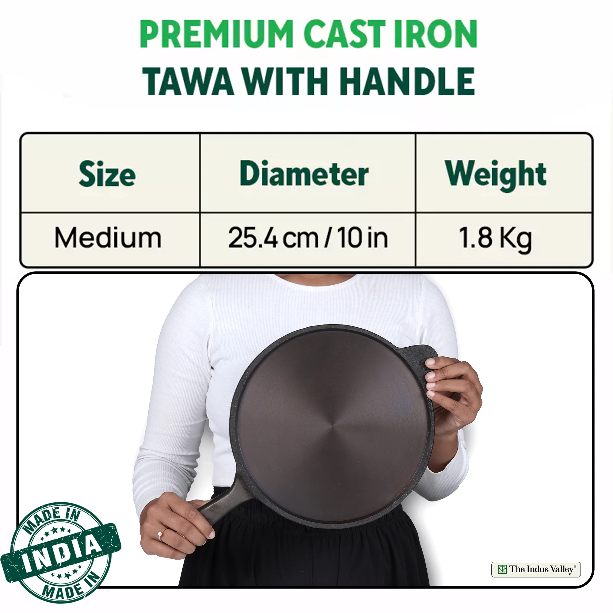 Super Smooth Cast Iron Tawa 25.4cm, Long Handle,Pre-seasoned, Naturally Nonstick, 100% Pure, Toxin-free, Induction, Free  110 Spatula - Image 2