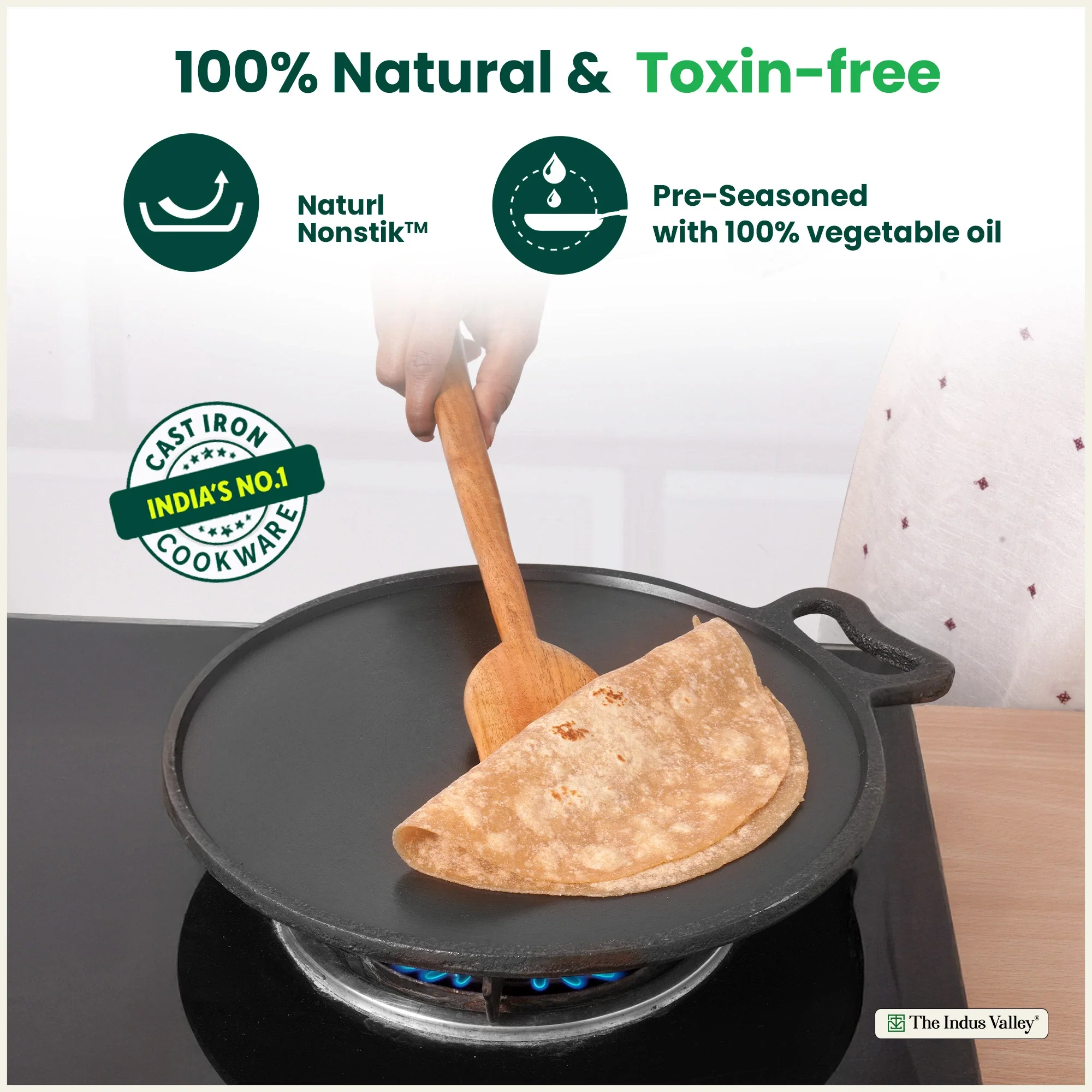 Super Smooth Cast Iron Tawa 26.7/30.2cm, Pre-seasoned, Naturally Nonstick, 100% Pure, Toxin-free, Gas & Induction, Free 110 Spatula - Image 7