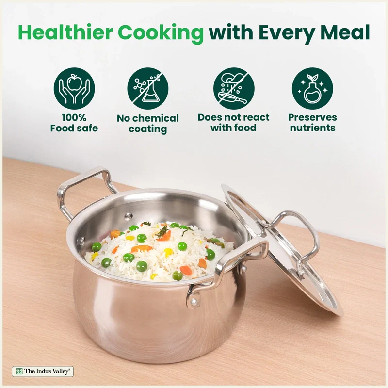 Tri-ply Stainless Steel Handi Shaped Biryani Pot/ Casserole/ Sauce Pot with Steel Lid 2L/2.6L/4L/4.5L/6.5L, Premium Quality, 3 Layer Thick Body, 100% Toxin-free, Non-stick, Induction & Gas - Image 3