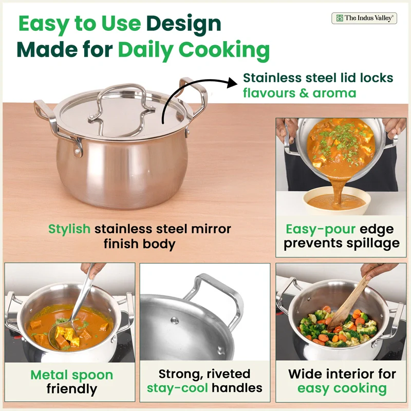 Tri-ply Stainless Steel Handi Shaped Biryani Pot/ Casserole/ Sauce Pot with Steel Lid 2L/2.6L/4L/4.5L/6.5L, Premium Quality, 3 Layer Thick Body, 100% Toxin-free, Non-stick, Induction & Gas - Image 8