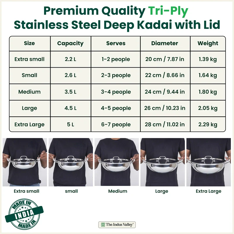 Tri-ply Stainless Steel Deep Kadai with Steel Lid 20cm/22cm/24cm/26cm/28cm, Premium Quality, 3 Layer Thick Body, 100% Toxin-free, Non-stick, Induction & Gas - Image 3
