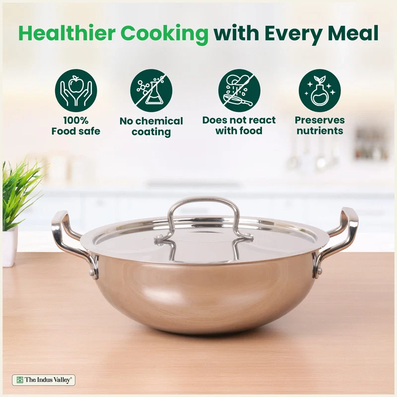 Tri-ply Stainless Steel Deep Kadai with Steel Lid 20cm/22cm/24cm/26cm/28cm, Premium Quality, 3 Layer Thick Body, 100% Toxin-free, Non-stick, Induction & Gas - Image 4