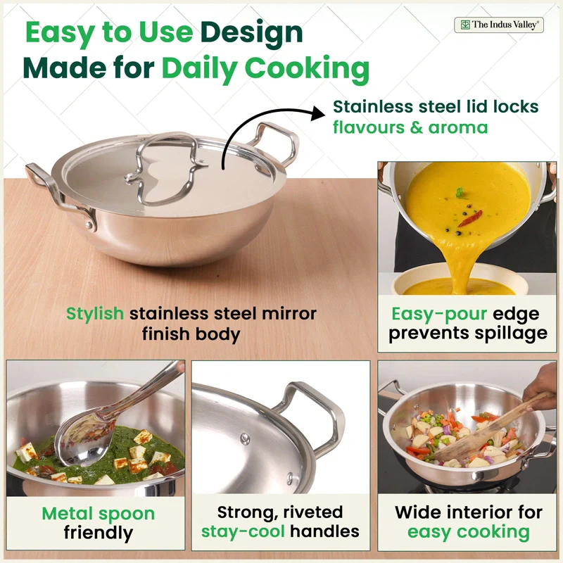 Tri-ply Stainless Steel Deep Kadai with Steel Lid 20cm/22cm/24cm/26cm/28cm, Premium Quality, 3 Layer Thick Body, 100% Toxin-free, Non-stick, Induction & Gas - Image 9