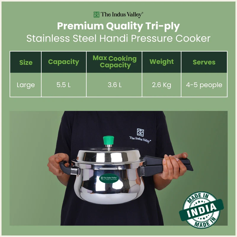 Tri-Ply Stainless Steel Outer Lid Handi Pressure Cooker 5.5L, 100% Food-Safe, 3 Layer Thick Body, Heavy Bottom, 5 Yr Warranty, Induction & Gas - Image 2