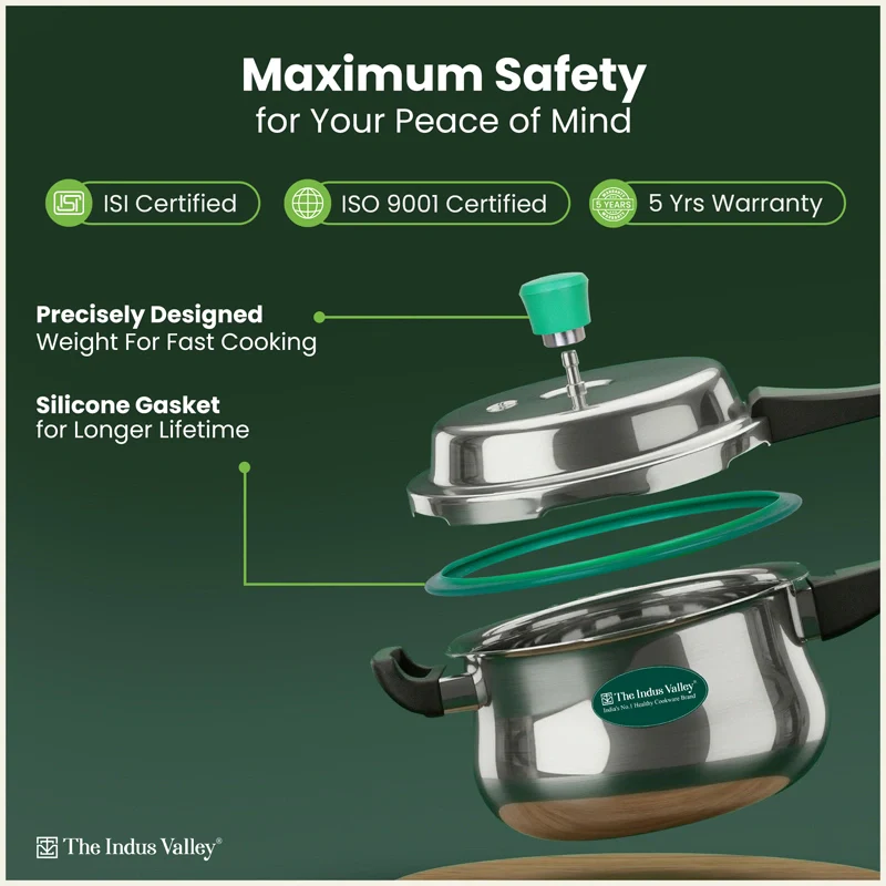 Tri-Ply Stainless Steel Outer Lid Handi Pressure Cooker 5.5L, 100% Food-Safe, 3 Layer Thick Body, Heavy Bottom, 5 Yr Warranty, Induction & Gas - Image 5