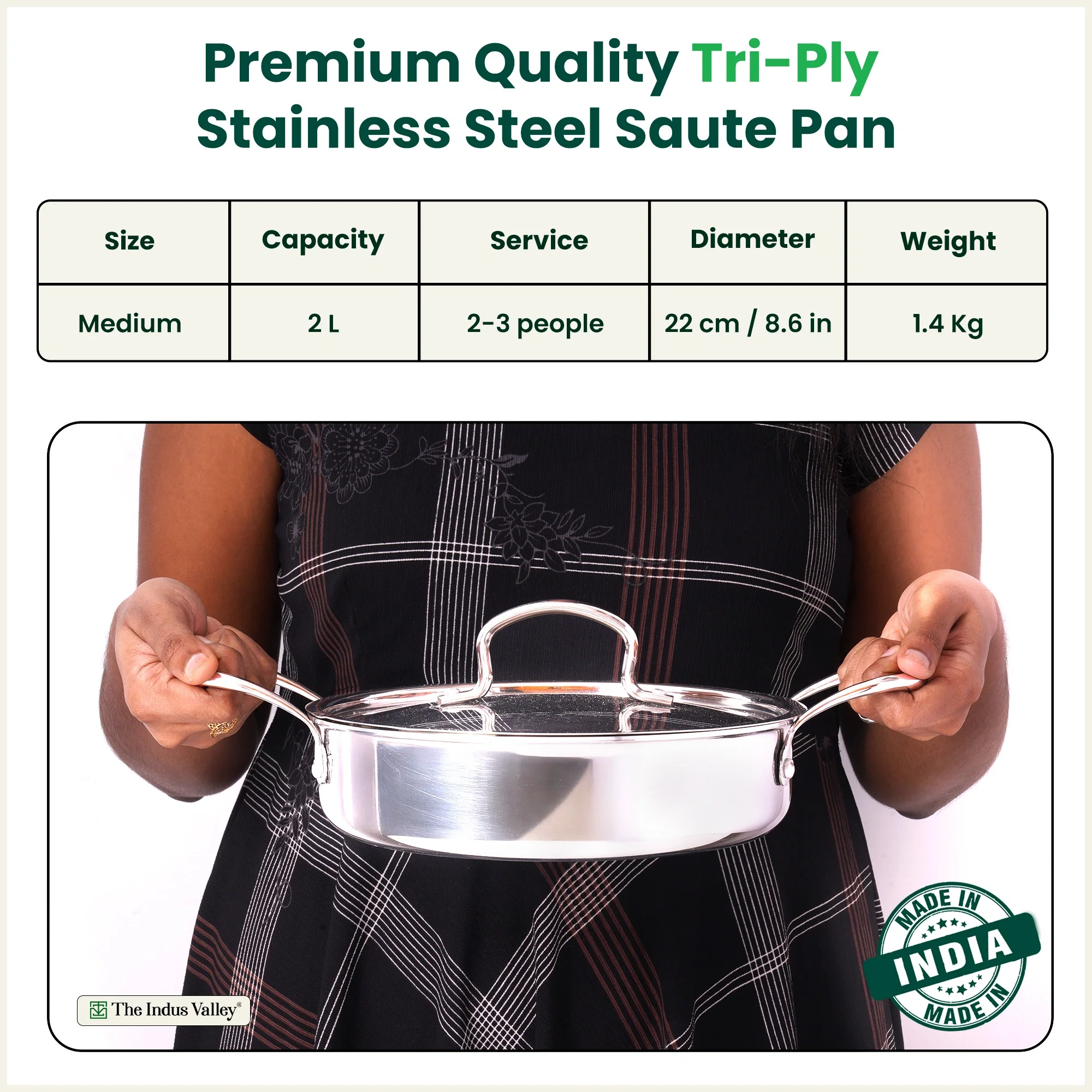 Tri-ply Stainless Steel Saute Pan 22cm 2L | No Sticking, No Burning | With Steel Lid | Fast Heating, Healthy Cooking | Induction Safe - Image 2