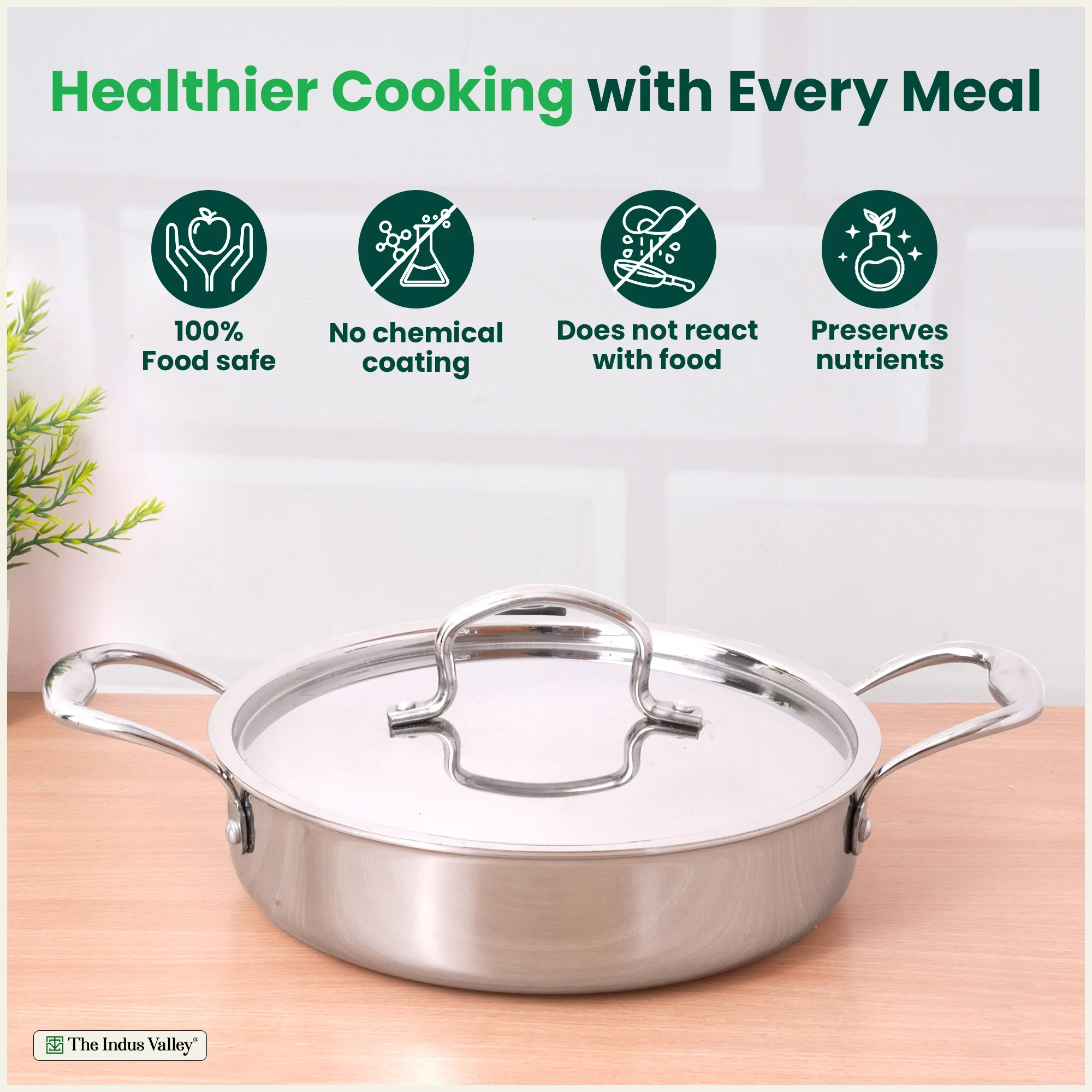 Tri-ply Stainless Steel Saute Pan 22cm 2L | No Sticking, No Burning | With Steel Lid | Fast Heating, Healthy Cooking | Induction Safe - Image 3