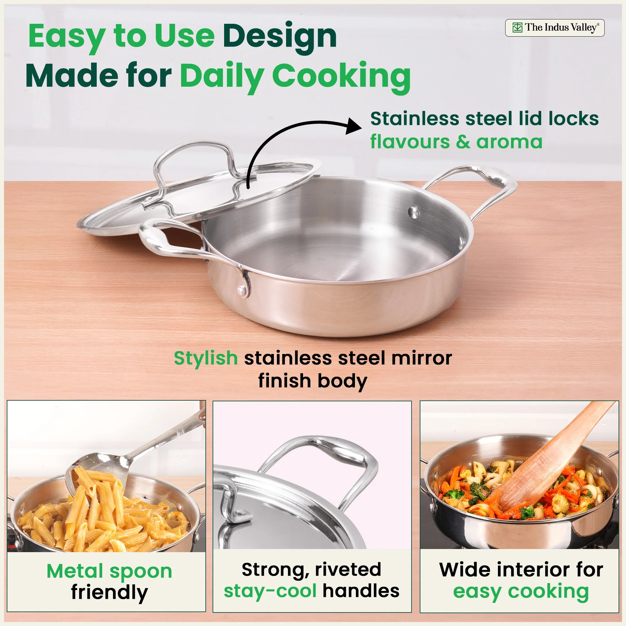 Tri-ply Stainless Steel Saute Pan 22cm 2L | No Sticking, No Burning | With Steel Lid | Fast Heating, Healthy Cooking | Induction Safe - Image 9