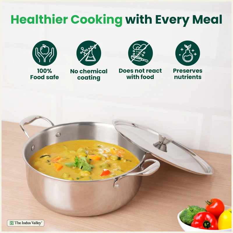 Premium Quality Tri-ply Stainless Steel Short Biryani Pot/Casserole/Stock Pot with Steel Lid 2.5L / 4.0L / 6.5L, 100% Toxin-free, Wide Base, 3 Layer Thick Body, Non-stick, Induction & Gas - Image 3