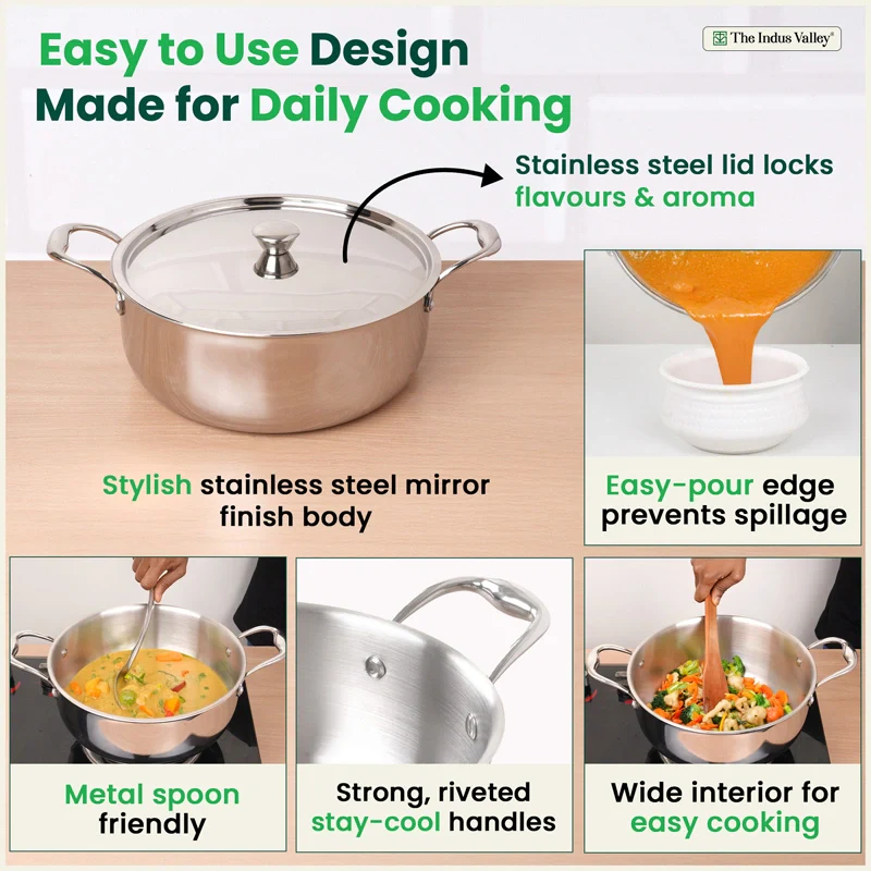 Premium Quality Tri-ply Stainless Steel Short Biryani Pot/Casserole/Stock Pot with Steel Lid 2.5L / 4.0L / 6.5L, 100% Toxin-free, Wide Base, 3 Layer Thick Body, Non-stick, Induction & Gas - Image 8