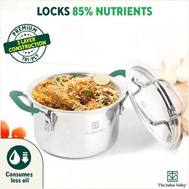 TurboCuk Tri-ply Stainless Steel Casserole/Biryani Cooking Pot 2.9L + Steel Lid, Premium 3 Layer Body, Cool Silicone Handles, Induction, Non-stick - Image 7
